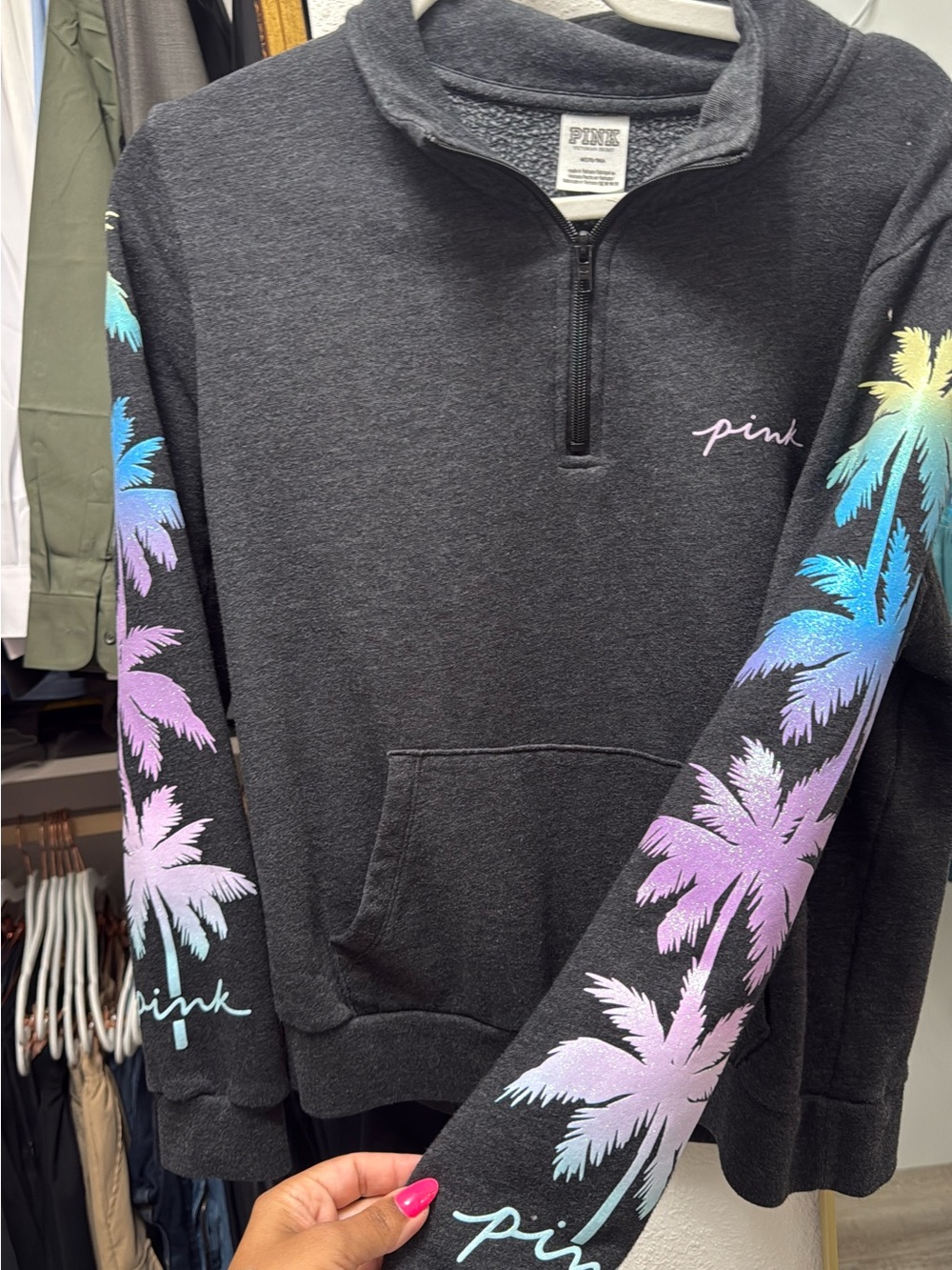 PINK Victoria's Secret Charcoal Half-Zip Sweatshirt with Pastel Palm Sleeves